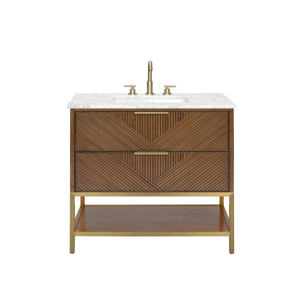 Bemma, Diamond 36" Single Vanity Vanity, Walnut/Satin Brass, Carrara Marble Top#top-options_carrara-marble-top