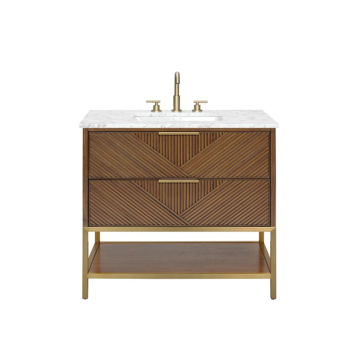 Bemma, Diamond 36" Single Vanity Vanity, Walnut/Satin Brass, Carrara Marble Top#top-options_carrara-marble-top