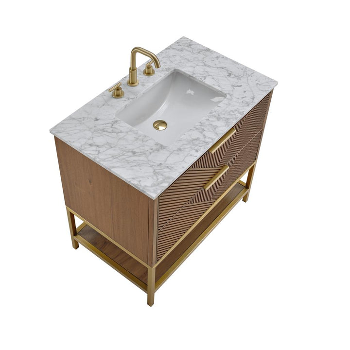 Bemma, Diamond 36" Single Vanity Vanity, Walnut/Satin Brass, Carrara Marble Top#top-options_carrara-marble-top