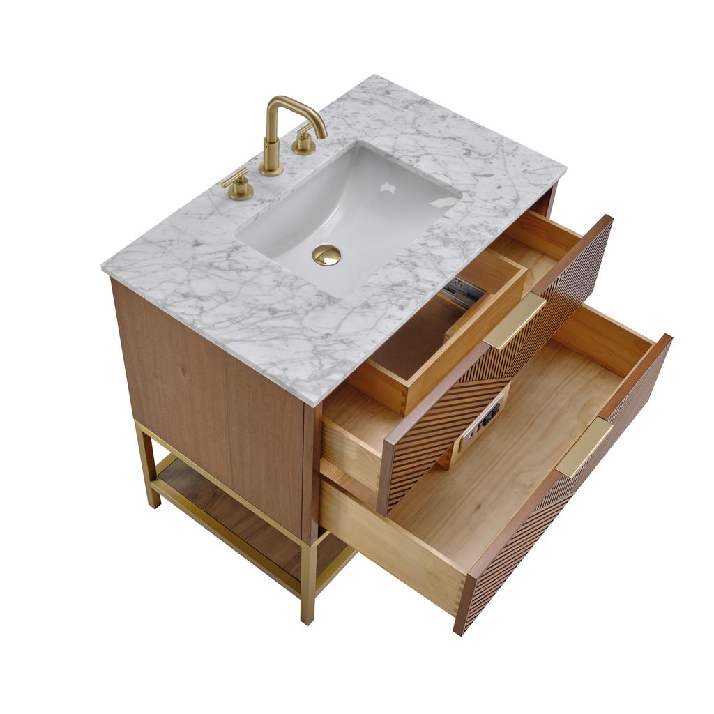Bemma, Diamond 36" Single Vanity Vanity, Walnut/Satin Brass, Carrara Marble Top#top-options_carrara-marble-top