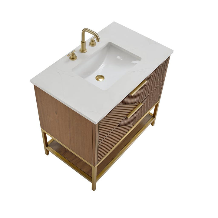 Bemma, Diamond 36" Single Vanity Vanity, Walnut/Satin Brass, Calacatta Quartz Top#top-options_calacatta-quartz-top
