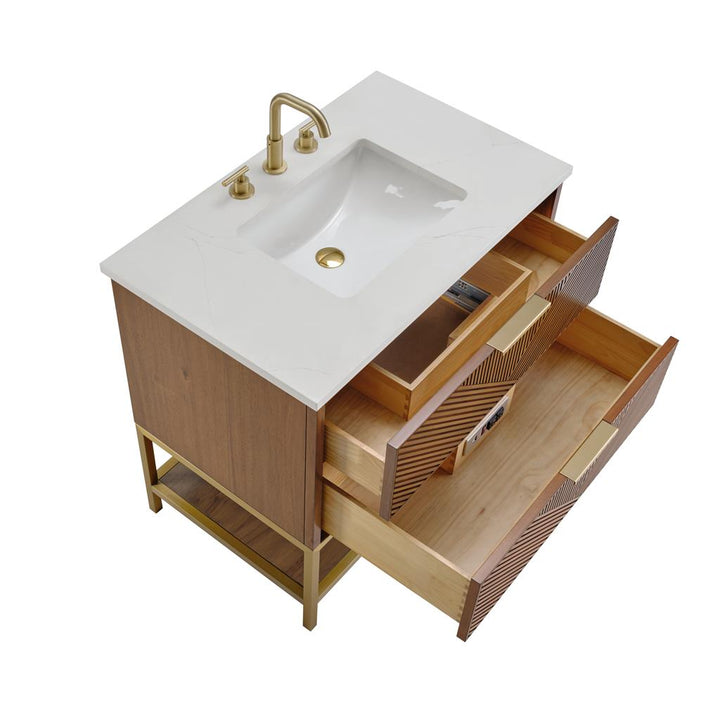 Bemma, Diamond 36" Single Vanity Vanity, Walnut/Satin Brass, Calacatta Quartz Top#top-options_calacatta-quartz-top