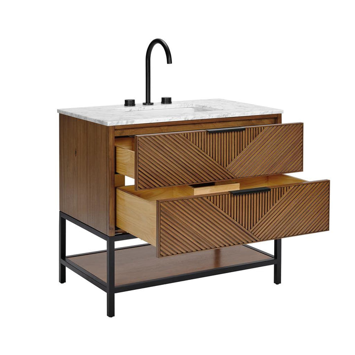 Bemma, Diamond 36" Single Vanity Vanity, Walnut/Matte Black, Carrara Marble Top#top-options_carrara-marble-top
