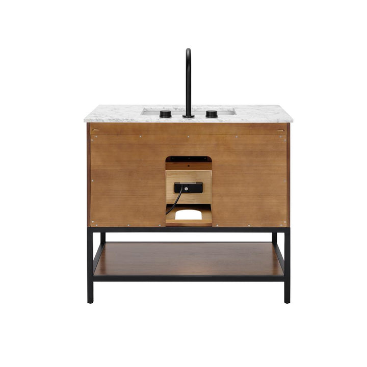 Bemma, Diamond 36" Single Vanity Vanity, Walnut/Matte Black, Carrara Marble Top#top-options_carrara-marble-top