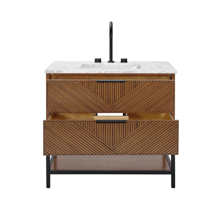 Bemma, Diamond 36" Single Vanity Vanity, Walnut/Matte Black, Carrara Marble Top#top-options_carrara-marble-top