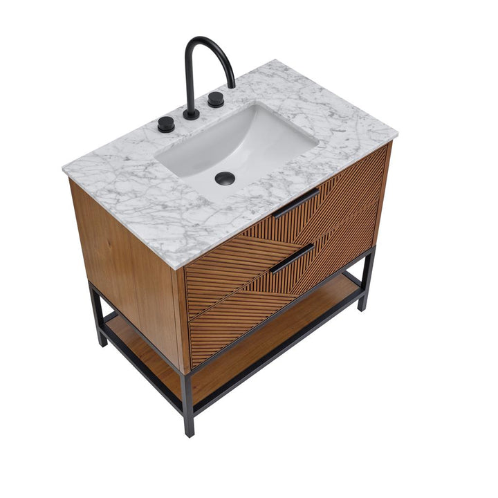 Bemma, Diamond 36" Single Vanity Vanity, Walnut/Matte Black, Carrara Marble Top#top-options_carrara-marble-top
