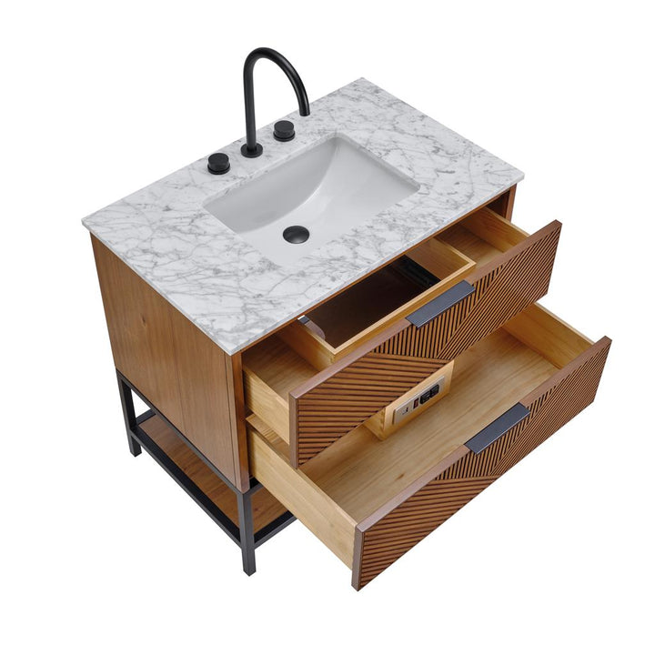 Bemma, Diamond 36" Single Vanity Vanity, Walnut/Matte Black, Carrara Marble Top#top-options_carrara-marble-top