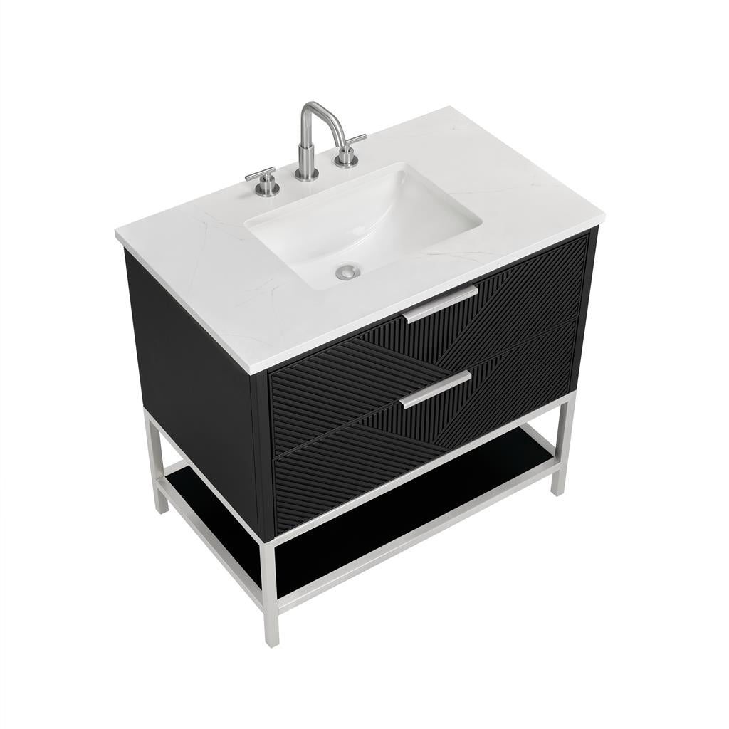 Bemma, Diamond 36" Single Vanity Vanity, Charcoal Black/Brushed Nickel, Calacatta Quartz Top#top-options_calacatta-quartz-top