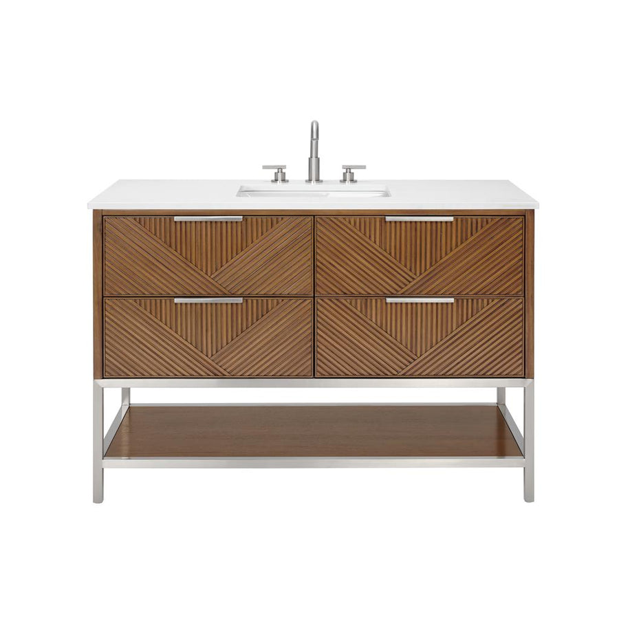 Bemma, Diamond 48" Single Vanity, Walnut/Brushed Nickel, White Quartz Top#top-options_white-quartz-top
