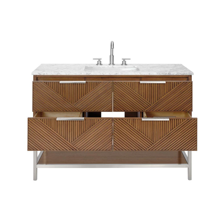 Bemma, Diamond 48" Single Vanity, Walnut/Brushed Nickel, Carrara Marble Top#top-options_carrara-marble-top