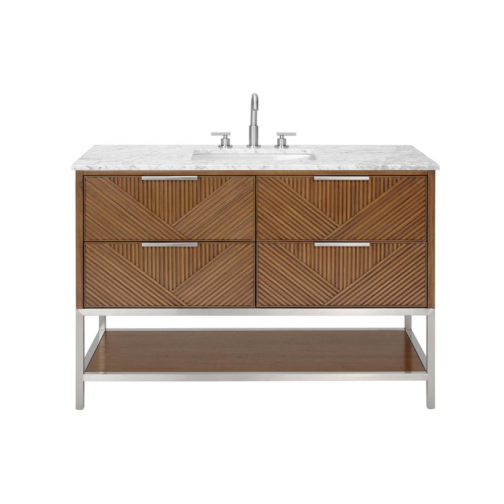 Bemma, Diamond 48" Single Vanity, Walnut/Brushed Nickel, Carrara Marble Top#top-options_carrara-marble-top