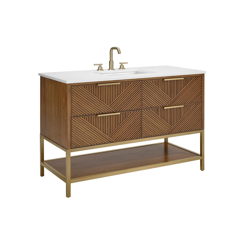 Bemma, Diamond 48" Single Vanity, Walnut/Satin Brass, White Quartz Top#top-options_white-quartz-top