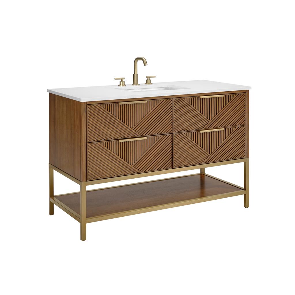 Bemma, Diamond 48" Single Vanity, Walnut/Satin Brass, White Quartz Top#top-options_white-quartz-top