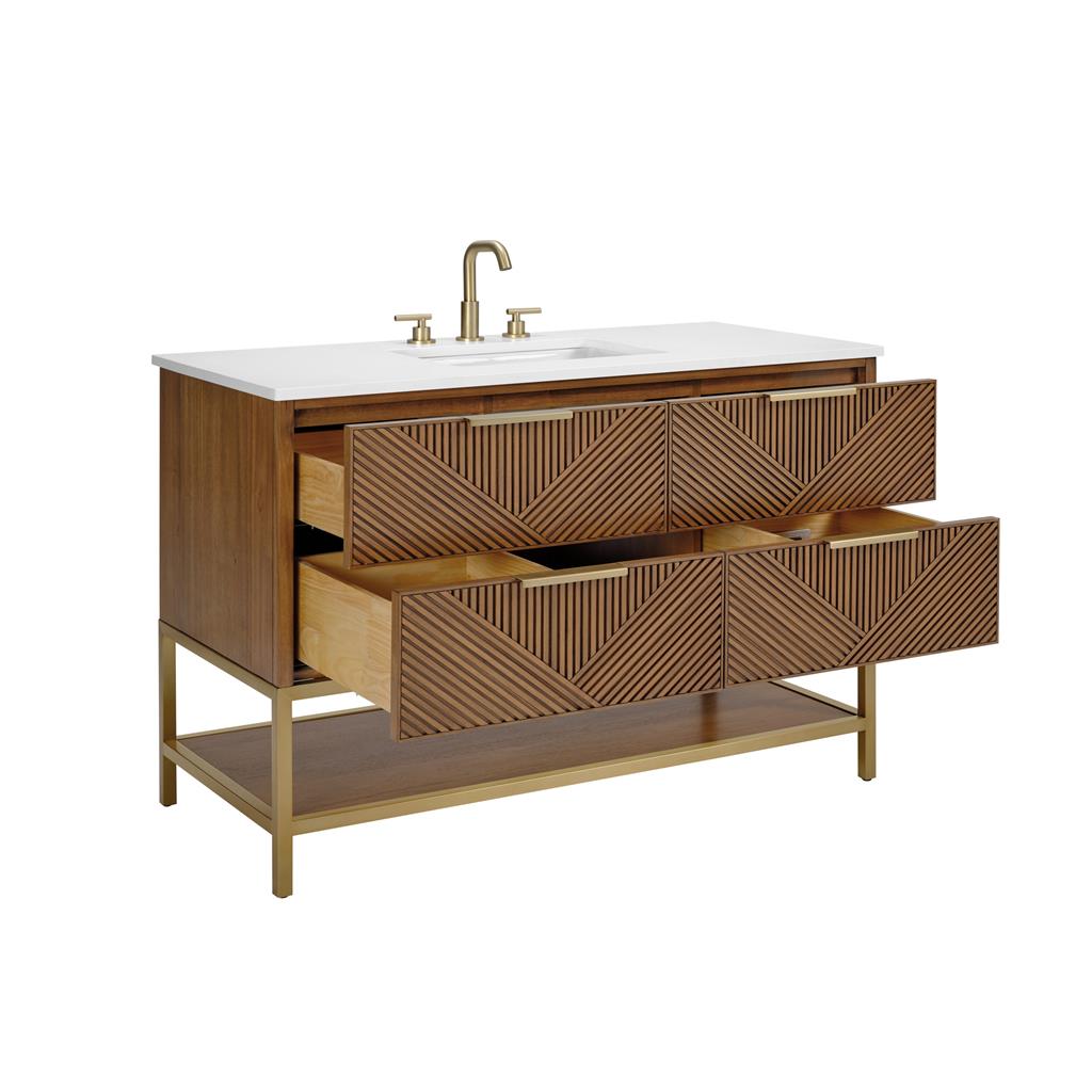 Bemma, Diamond 48" Single Vanity, Walnut/Satin Brass, White Quartz Top#top-options_white-quartz-top