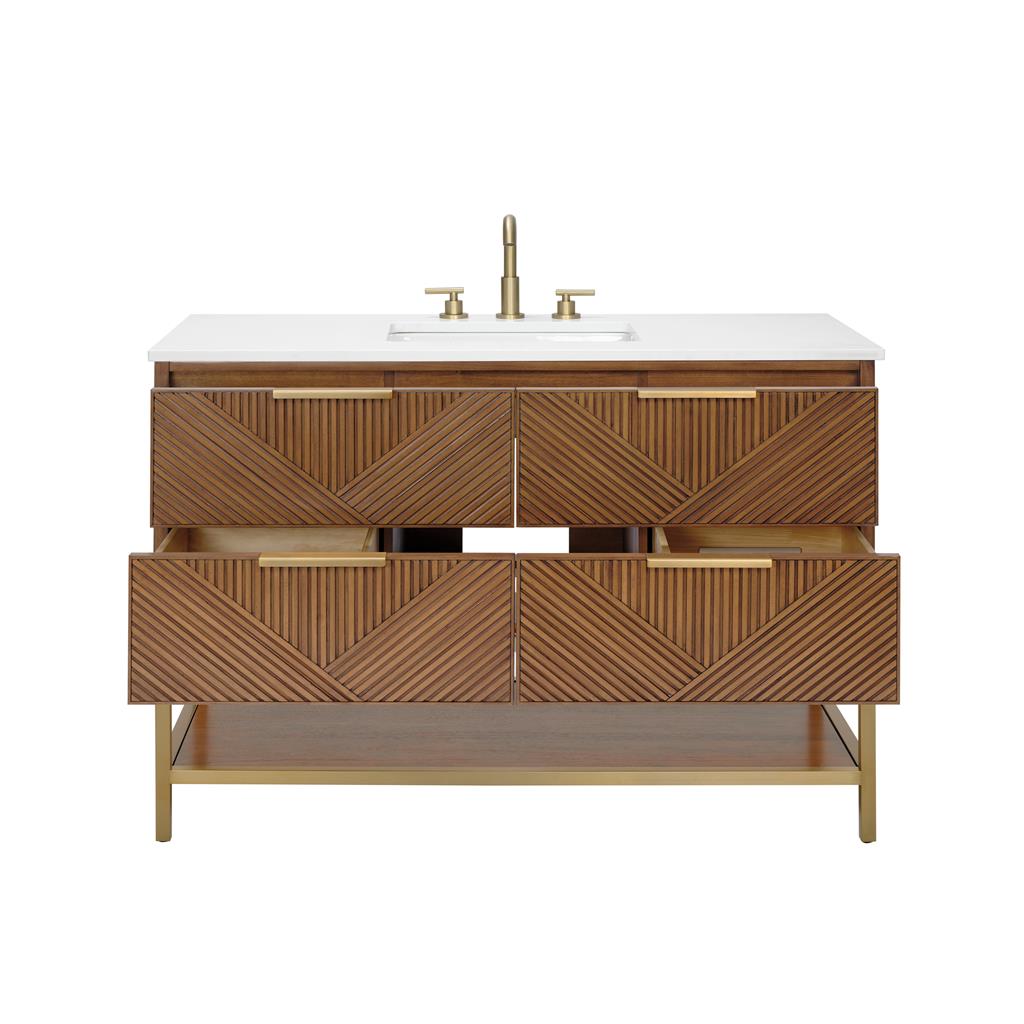 Bemma, Diamond 48" Single Vanity, Walnut/Satin Brass, White Quartz Top#top-options_white-quartz-top