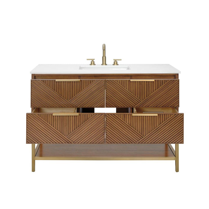 Bemma, Diamond 48" Single Vanity, Walnut/Satin Brass, White Quartz Top#top-options_white-quartz-top