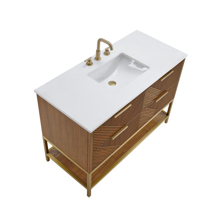 Bemma, Diamond 48" Single Vanity, Walnut/Satin Brass, White Quartz Top#top-options_white-quartz-top