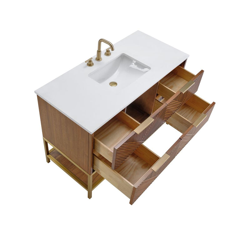 Bemma, Diamond 48" Single Vanity, Walnut/Satin Brass, White Quartz Top#top-options_white-quartz-top