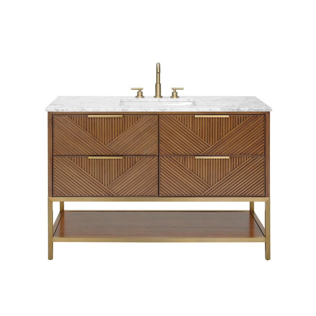 Bemma, Diamond 48" Single Vanity, Walnut/Satin Brass, Carrara Marble Top#top-options_carrara-marble-top