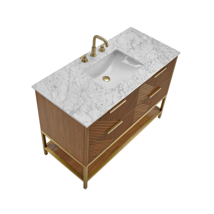 Bemma, Diamond 48" Single Vanity, Walnut/Satin Brass, Carrara Marble Top#top-options_carrara-marble-top
