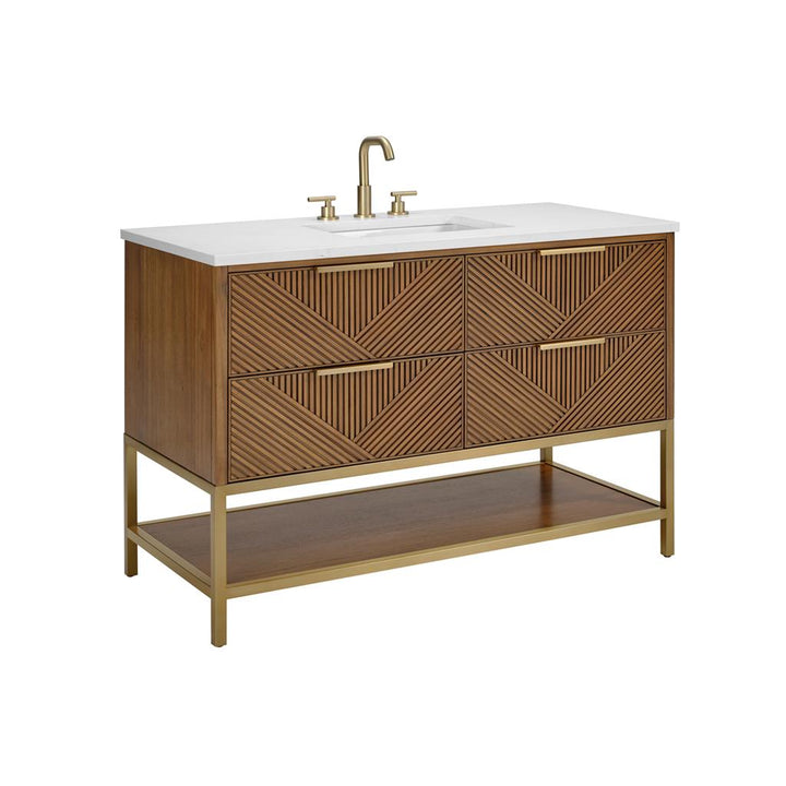 Bemma, Diamond 48" Single Vanity, Walnut/Satin Brass, Calacatta Quartz Top#top-options_calacatta-quartz-top