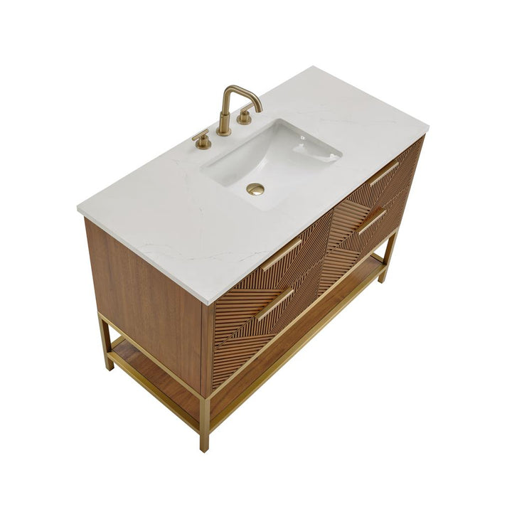 Bemma, Diamond 48" Single Vanity, Walnut/Satin Brass, Calacatta Quartz Top#top-options_calacatta-quartz-top