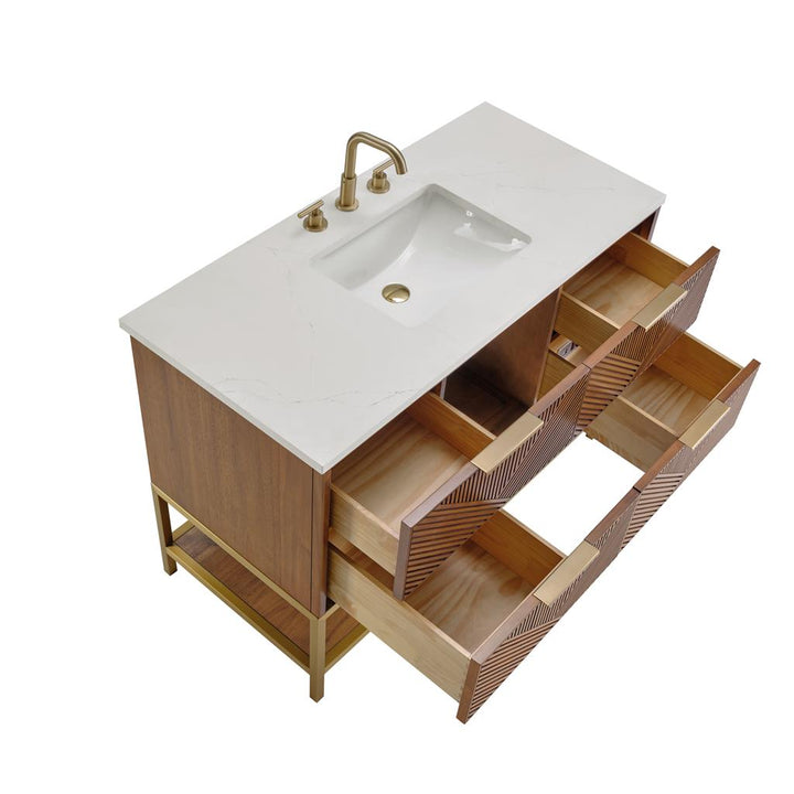 Bemma, Diamond 48" Single Vanity, Walnut/Satin Brass, Calacatta Quartz Top#top-options_calacatta-quartz-top