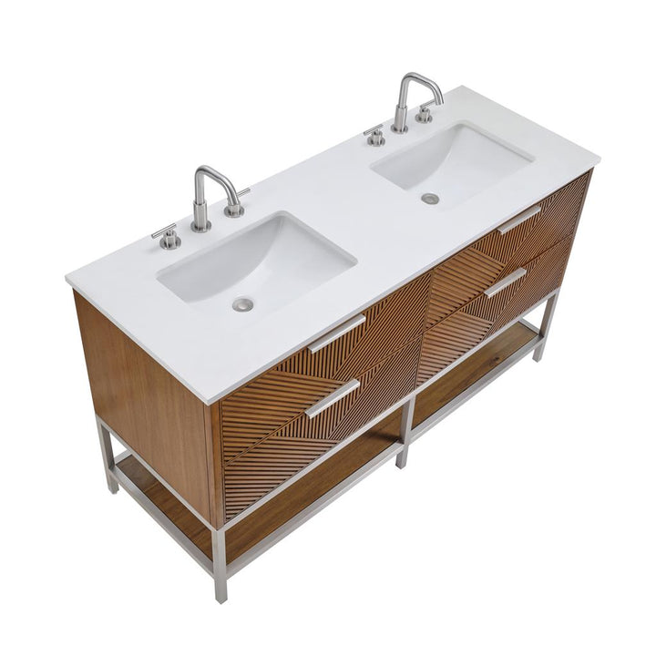 Bemma, Diamond 60" Double Vanity, Walnut/Brushed Nickel, White Quartz Top#top-options_white-quartz-top