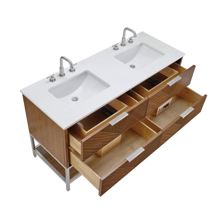 Bemma, Diamond 60" Double Vanity, Walnut/Brushed Nickel, White Quartz Top#top-options_white-quartz-top