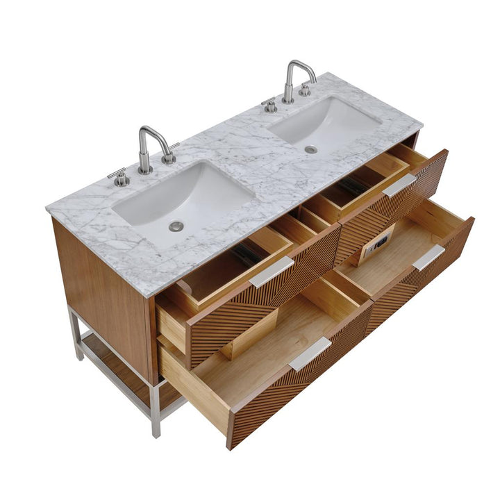 Bemma, Diamond 60" Double Vanity, Walnut/Brushed Nickel, Carrara Marble Top#top-options_carrara-marble-top
