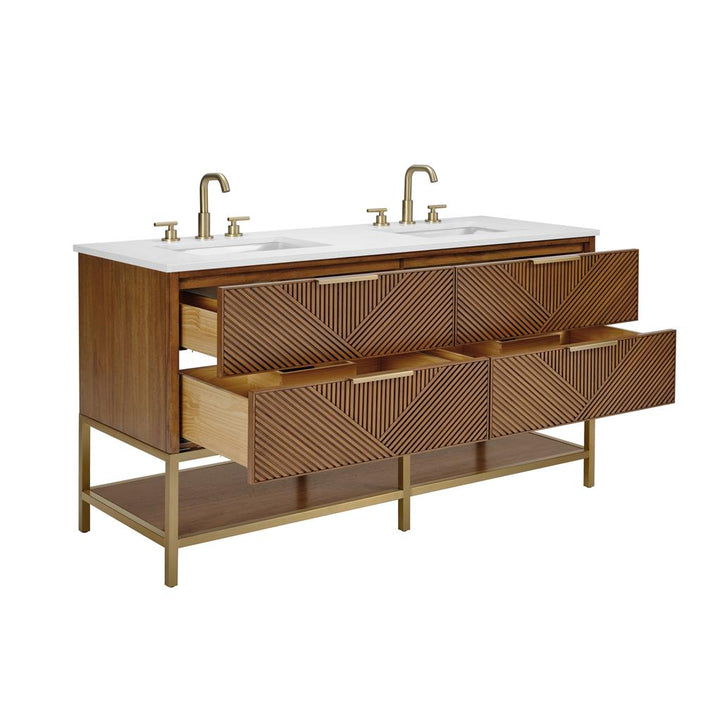 Bemma, Diamond 60" Double Vanity, Walnut/Satin Brass, White Quartz Top#top-options_white-quartz-top