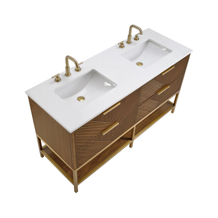 Bemma, Diamond 60" Double Vanity, Walnut/Satin Brass, White Quartz Top#top-options_white-quartz-top