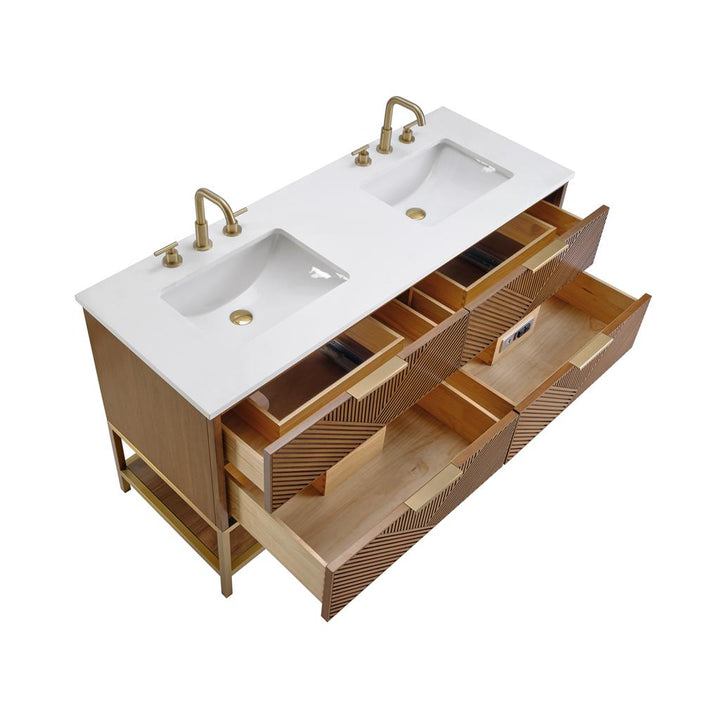 Bemma, Diamond 60" Double Vanity, Walnut/Satin Brass, White Quartz Top#top-options_white-quartz-top