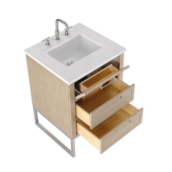 Bemma, Markham 24" Single Vanity, Cashmere Grey/Brushed Nickel, Calacatta Quartz Top#top-options_calacatta-quartz-top
