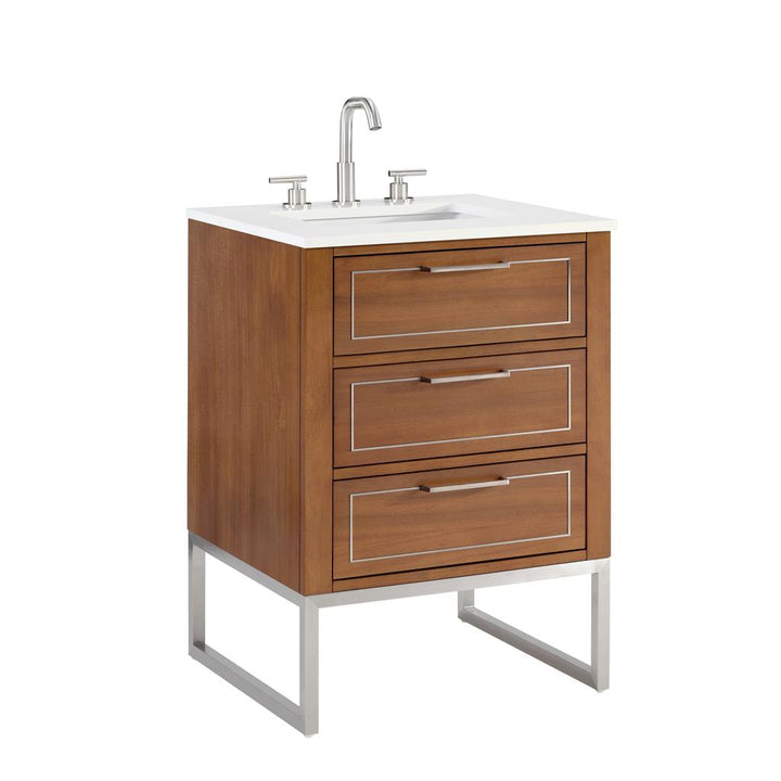Bemma, Markham 24" Single Vanity, Walnut/Brushed Nickel, White Quartz Top#top-options_white-quartz-top