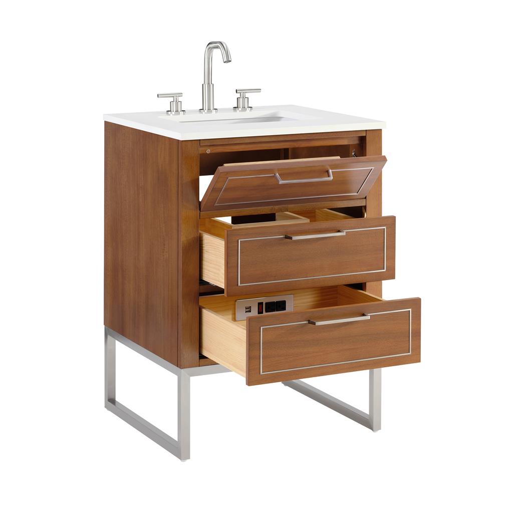 Bemma, Markham 24" Single Vanity, Walnut/Brushed Nickel, White Quartz Top#top-options_white-quartz-top