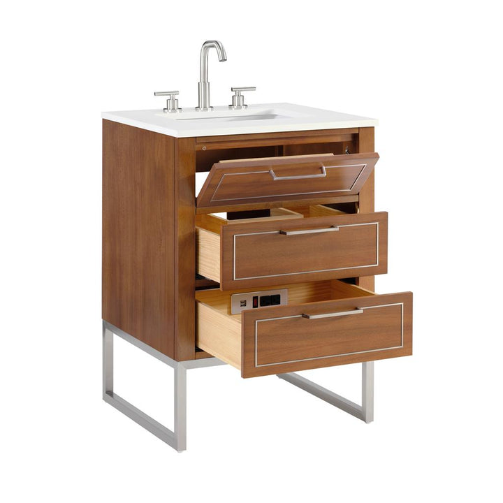 Bemma, Markham 24" Single Vanity, Walnut/Brushed Nickel, White Quartz Top#top-options_white-quartz-top