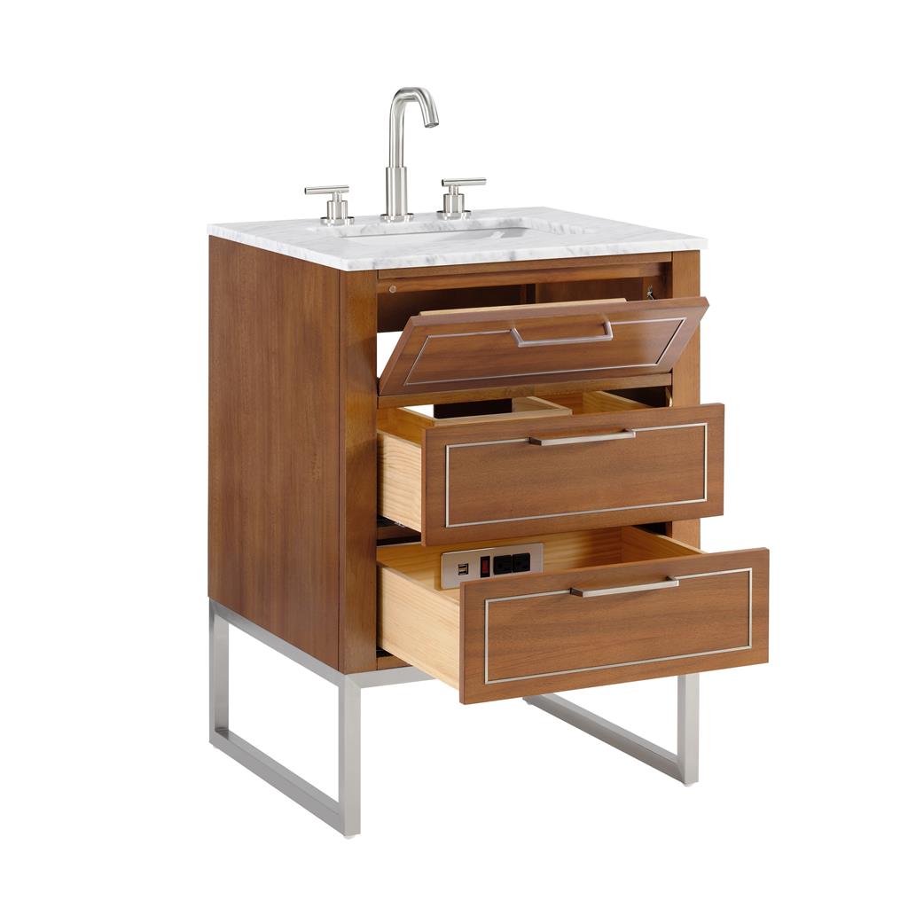 Bemma, Markham 24" Single Vanity, Walnut/Brushed Nickel, Carrara Marble Top#top-options_carrara-marble-top