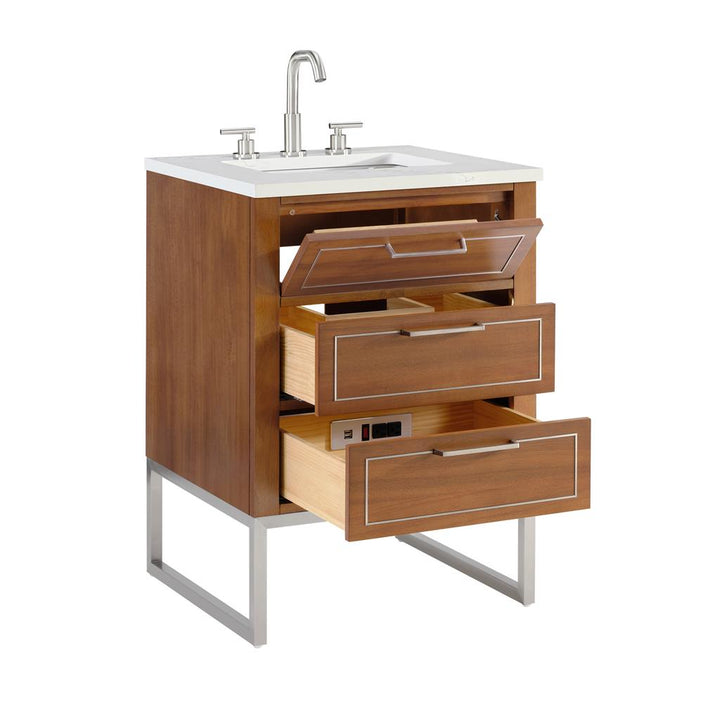 Bemma, Markham 24" Single Vanity, Walnut/Brushed Nickel, Calacatta Quartz Top#top-options_calacatta-quartz-top