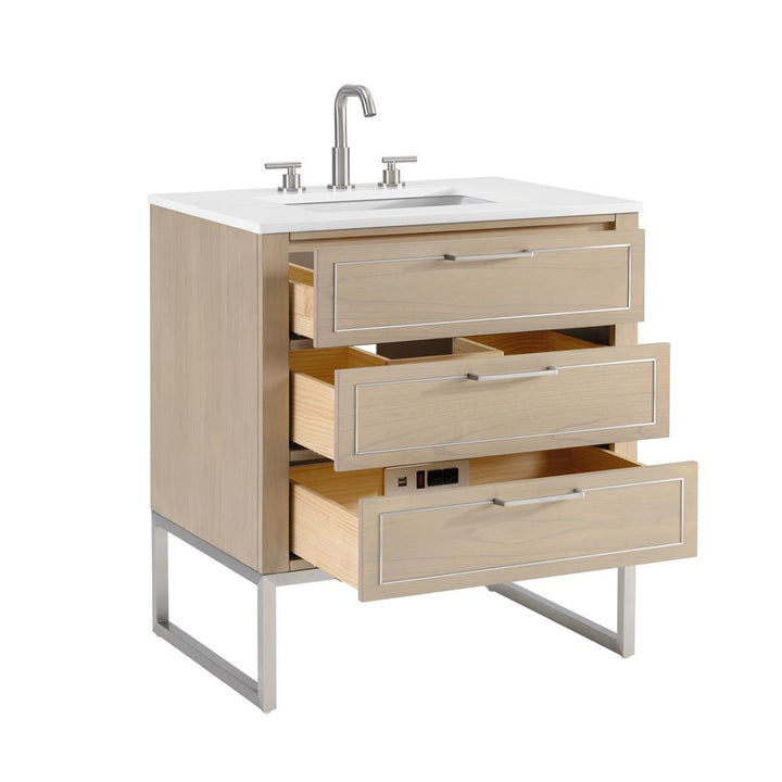 Bemma, Markham 30" Single Vanity, Cashmere Grey/Brushed Nickel, White Quartz Top#top-options_white-quartz-top