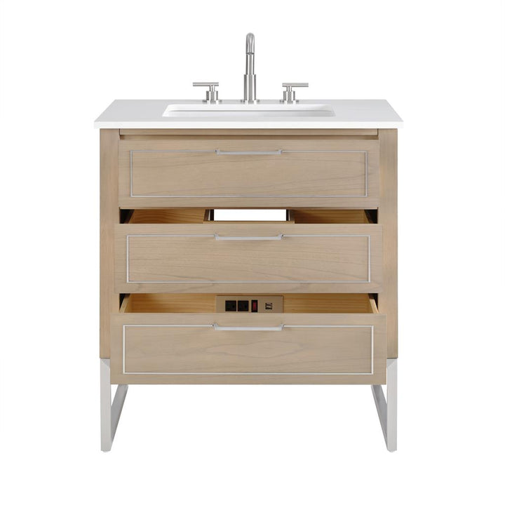 Bemma, Markham 30" Single Vanity, Cashmere Grey/Brushed Nickel, White Quartz Top#top-options_white-quartz-top