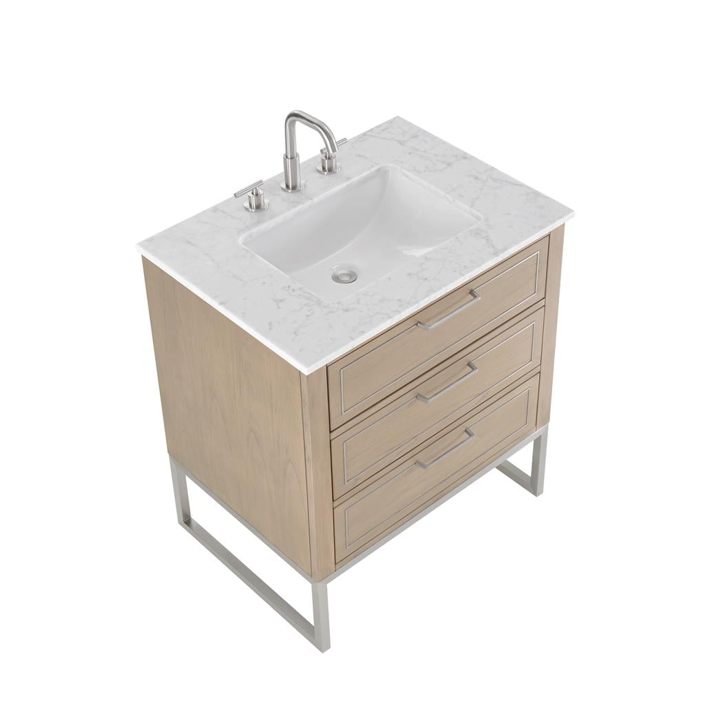 Bemma, Markham 30" Single Vanity, Cashmere Grey/Brushed Nickel, Carrara Marble Top#top-options_carrara-marble-top