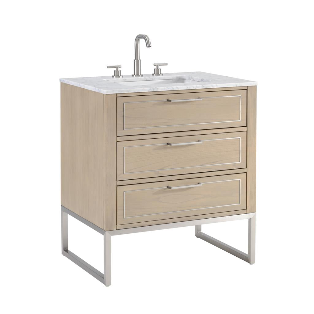 Bemma, Markham 30" Single Vanity, Cashmere Grey/Brushed Nickel, Calacatta Quartz Top#top-options_calacatta-quartz-top