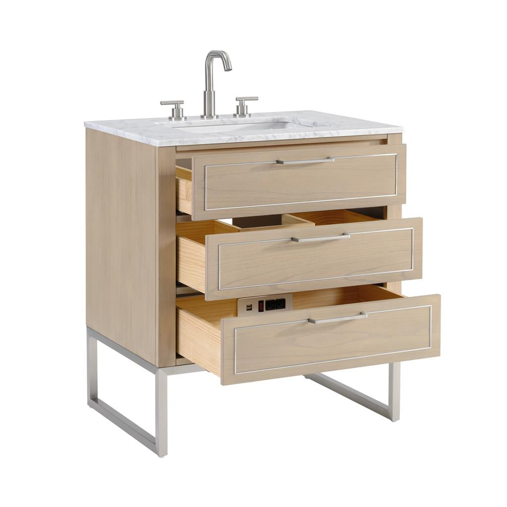 Bemma, Markham 30" Single Vanity, Cashmere Grey/Brushed Nickel, Calacatta Quartz Top#top-options_calacatta-quartz-top