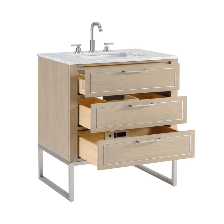 Bemma, Markham 30" Single Vanity, Cashmere Grey/Brushed Nickel, Calacatta Quartz Top#top-options_calacatta-quartz-top