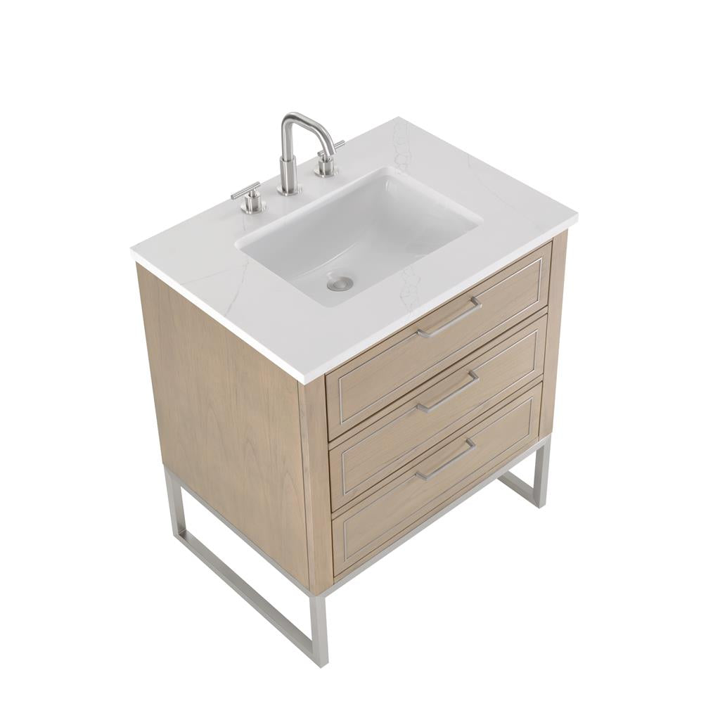 Bemma, Markham 30" Single Vanity, Cashmere Grey/Brushed Nickel, Calacatta Quartz Top#top-options_calacatta-quartz-top
