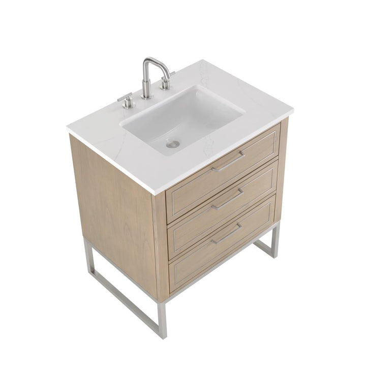 Bemma, Markham 30" Single Vanity, Cashmere Grey/Brushed Nickel, Calacatta Quartz Top#top-options_calacatta-quartz-top
