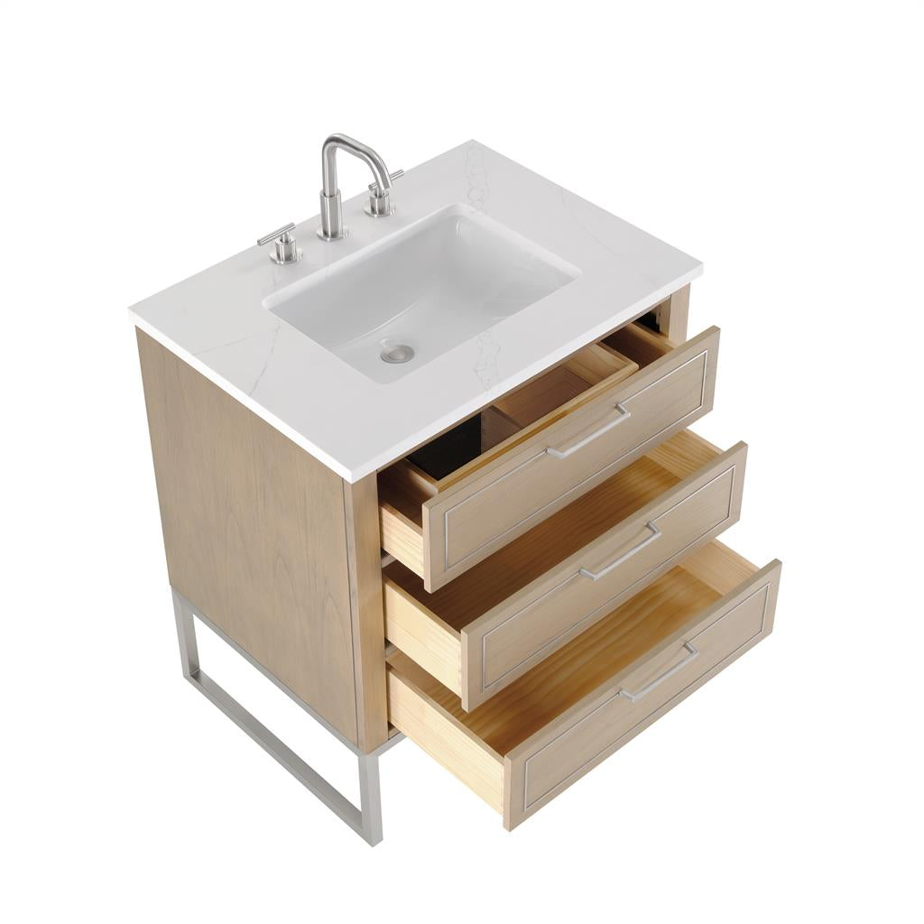 Bemma, Markham 30" Single Vanity, Cashmere Grey/Brushed Nickel, Calacatta Quartz Top#top-options_calacatta-quartz-top