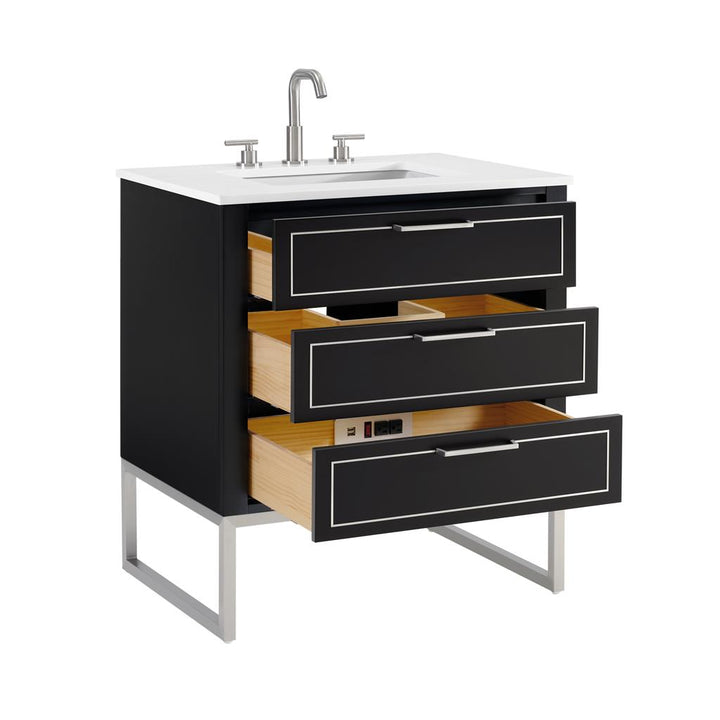 Bemma, Markham 30" Single Vanity, Midnight Black/Brushed Nickel, White Quartz Top#top-options_white-quartz-top