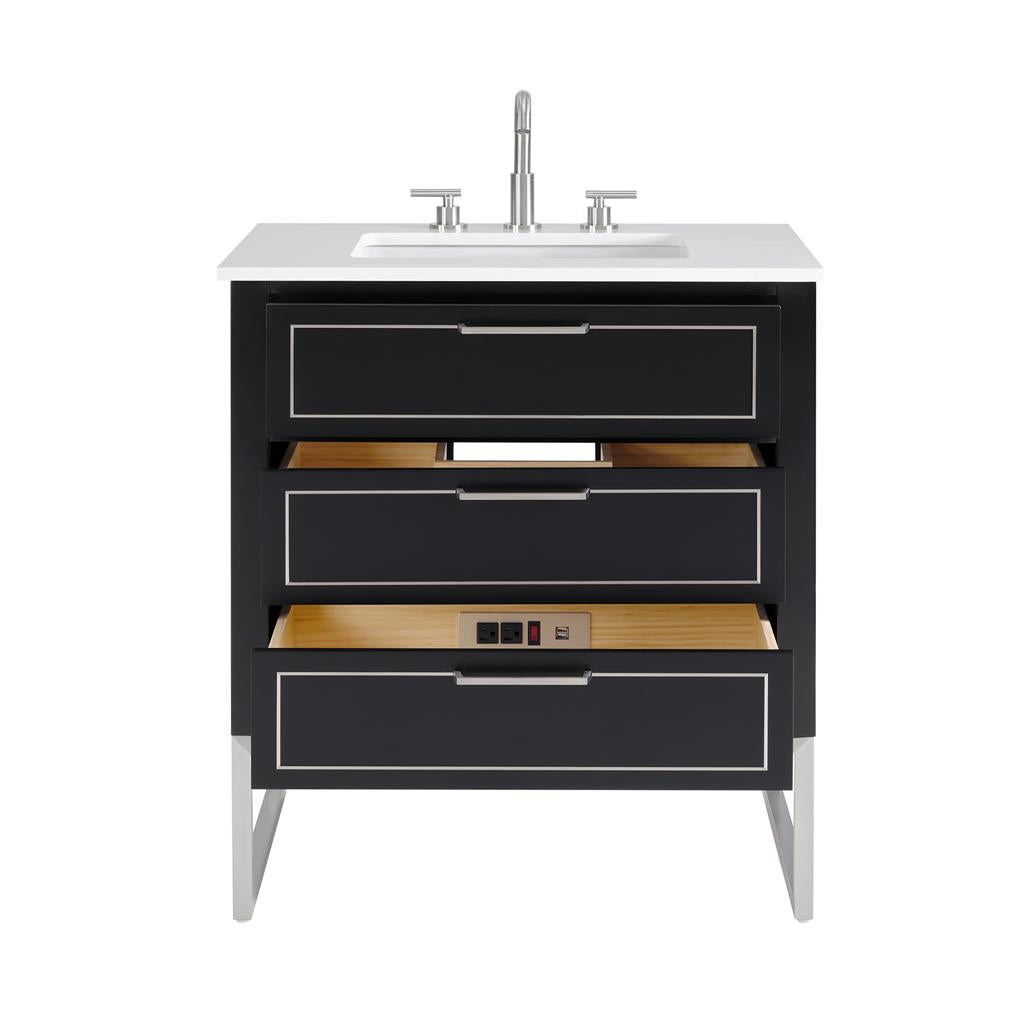 Bemma, Markham 30" Single Vanity, Midnight Black/Brushed Nickel, White Quartz Top#top-options_white-quartz-top